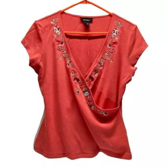 Express Tops - Express V-Neck Women's Large Floral Embroidered Wrap Style Top Salmon Pink GUC